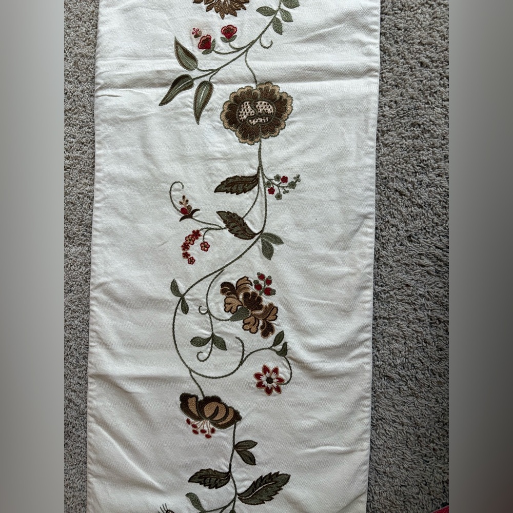 Pottery Barn Floral Embroidered Table Runner - Cream, Brown, Green, Red